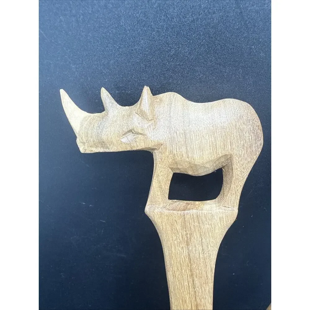 Vintage Hand Carved Wooden Rhinoceros Salad Serving Spoon Fork Teak Wood Set